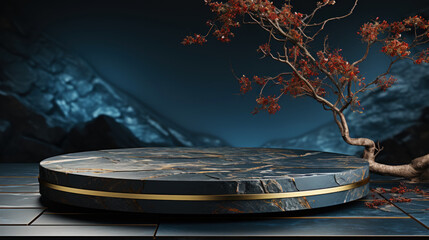 Obraz premium Azure podium for various crafts, in a minimalist style with places for copying. Stone with golden lines. Generative AI