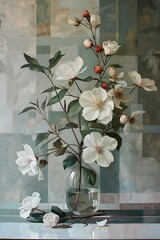 vertical white flower vase painting, classic floral painting with muted neutral tone