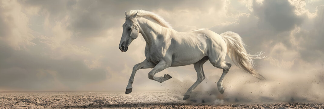 Picture presenting the galloping white horse, generative Ai