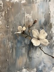 vertical white flower branches painting on rustic background , classic artwork