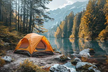 Schilderijen op glas Travel and camping adventure lifestyle with outdoor tent, summer activity, family vacation © BOONJUNG