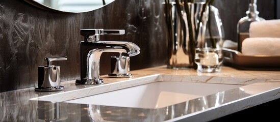 Fototapeta na wymiar Bathroom Interior featuring Silver Faucet and Chrome Washbasin