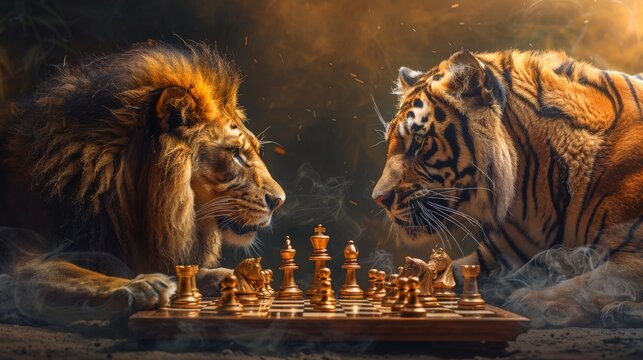 Lion and a tiger playing chess, strategic planning concept