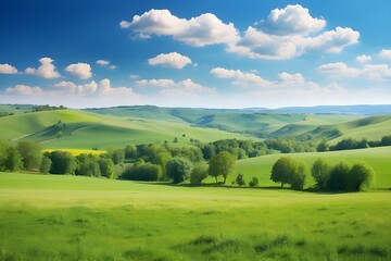 Beautiful countryside in Ukraine Europe Summertime nature photo of lush green pastures and clear blue sky Explore Earth s beauty Copy space image Place for adding text Generative AI - obrazy, fototapety, plakaty