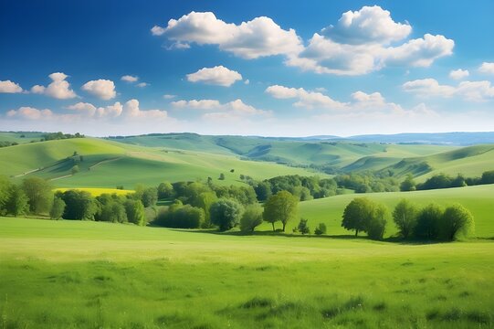 Beautiful countryside in Ukraine Europe Summertime nature photo of lush green pastures and clear blue sky Explore Earth s beauty Copy space image Place for adding text Generative AI