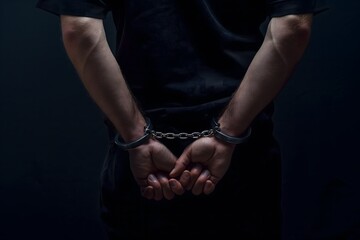 Close-up view of criminal hands locked in handcuffs. - obrazy, fototapety, plakaty