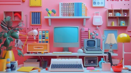 Colorful computer room filled with the latest technological marvels, including a computer desk adorned with an art collage of equipment and gadgets, and a large TV display The perfect