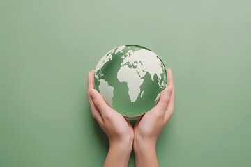 Hand holding earth against light green background. Save earth, save environment concept  - obrazy, fototapety, plakaty