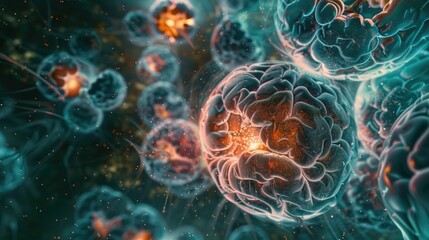 Obraz premium 3D illustration energetic and mind-bending patterns of cancer cells in the style of chaotic energy, with some cells showing light on a black background and three images of the brain
