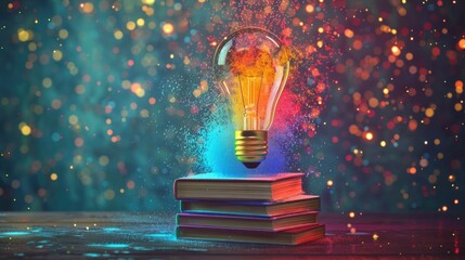 A light bulb glowing with rainbow colors among a stack of books on a table, depicted in digital painting and impressionist color bursts styles, showcasing a vibrant and creative study or workspace - obrazy, fototapety, plakaty