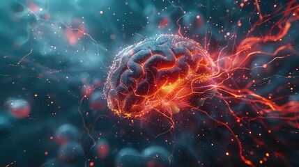 Explore the latest advancements in neuroscience research at the institute, where the brain is connected to various technologies in a style of dark turquoise and light red, and learn