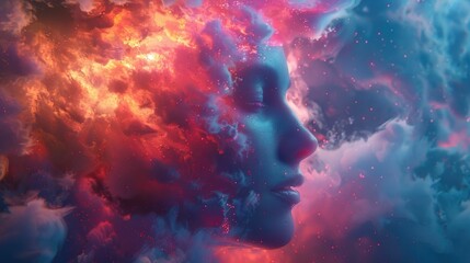 Womans Face Surrounded by Dreamy Clouds and Light, To convey a sense of ethereal beauty and otherworldly imagination, suitable for conceptual design,