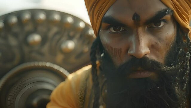 A young Sikh warrior with a confident smirk on his face gracefully twirls a chakram circular weapon in his hand.