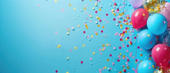 Colored confetti and air balloons composition on blue background, party and celebration decoration. Flat lay, layout and tabletop mockup with copy space.