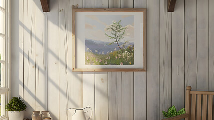 mockup in sunny cabin, A wooden frame with a blank canvas of a landscape painting hanging on a white wooden panel wall in a cabin, mokka pot,