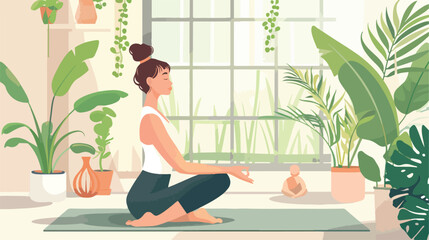 A sporty girl on a mat is doing yogaat vector