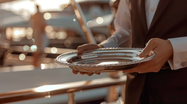 exceptional service Inside a luxury yacht,Waiter holding empty silver tray