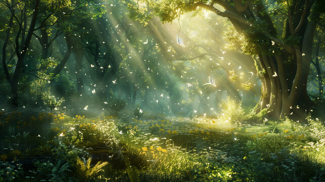 the green forest in the fantasy world, sunlight drops down to the land, glittering, peaceful and wonderful