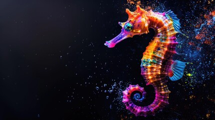 Fototapeta premium Aquatic animals seahorse that swim majestically in oceans and seas. Painted with paint splash technique. Isolated black background. Also for T-shirt printing pattern. Generative AI