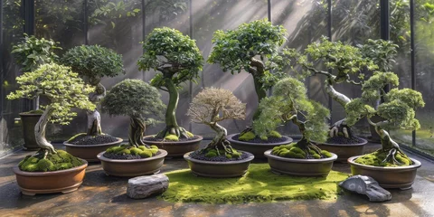 Fotobehang A Lush Array of Bonsai Trees Bathing in Sunrays, Showcasing the Beauty and Precision of the Bonsai Craft, Generative AI © Ben