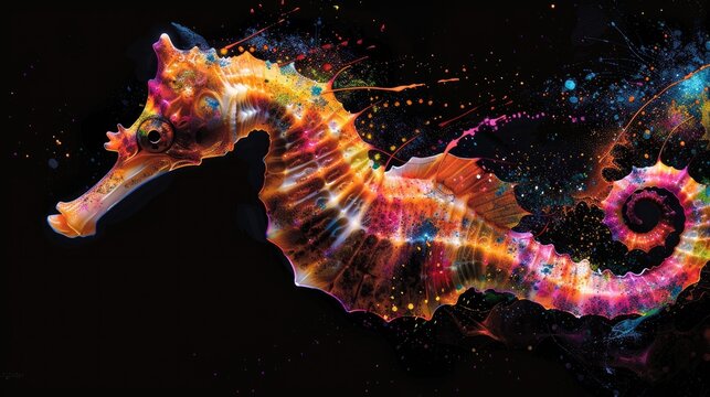 Aquatic animals seahorse that swim majestically in oceans and seas. Painted with paint splash technique. Isolated black background. Also for T-shirt printing pattern. Generative AI