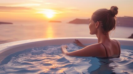 Fototapeta na wymiar woman swimming in hotel pool watching sunset,beautiful women,Luxury travel 