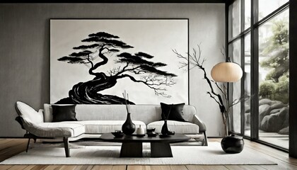 Elegant Simplicity: Contemporary Japanese Ink Art Adorning a Modern Living Space"