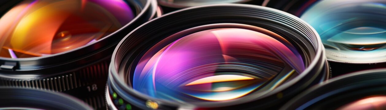 Colorful reflections on the multiple layers of lens elements revealing the complexity of DSLR lens construction