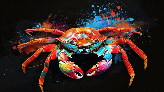 Aquatic animals crab that swim majestically in oceans and seas. Painted with paint splash technique. Isolated black background. Also for T-shirt printing pattern. Generative AI