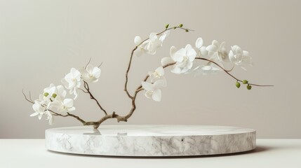 Round marble stone podium platform stand for product presentation and spring flowering branch with white blossom flowers on neutral background.