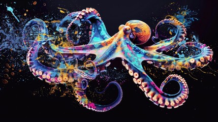 Aquatic animals octopus that swim majestically in oceans and seas. Painted with paint splash technique. Isolated black background. Also for T-shirt printing pattern. Generative AI