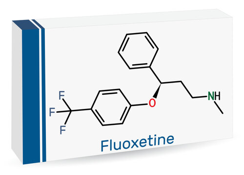 Fluoxetine molecule, is antidepressant of the selective serotonin reuptake inhibitor SSRI. Skeletal chemical formula. Paper packaging for drugs