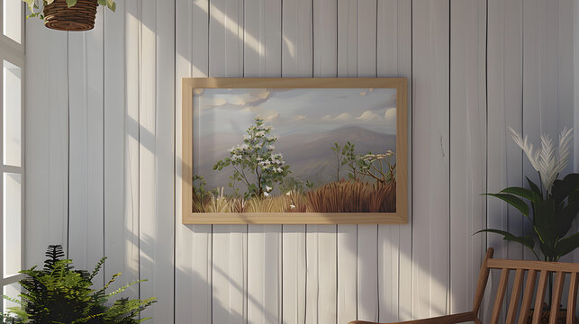 mockup in sunny cabin, A wooden frame with a blank canvas of a landscape painting hanging on a white wooden panel wall in a cabin, mokka pot, 4k, ultrarelistic