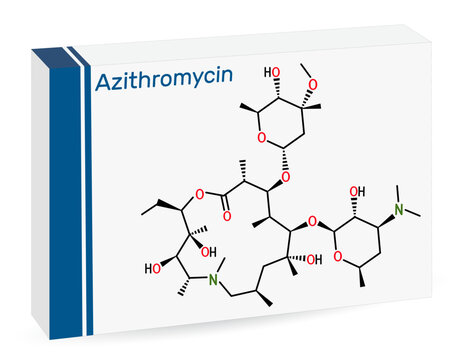 Azithromycin molecule. It is macrolide antibiotic. Skeletal chemical formula. Paper packaging for drugs