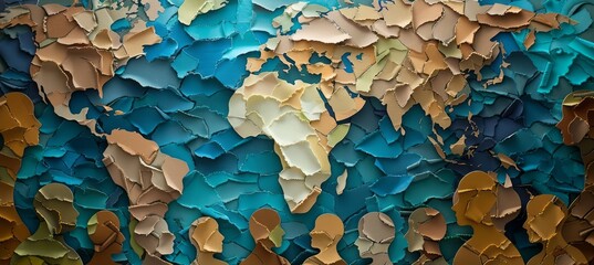 Global Warming Awareness Art: Earth Surrounded by Paper Cut People, Post-Impressionist Colorism Style, Creased Crinkled Wrinkled Effect, Illusory Wallpaper Portraits, Earth Tones Emphasized