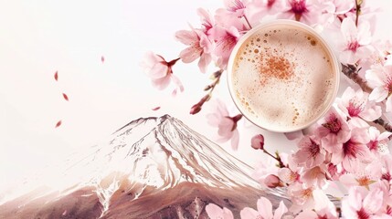 latte art coffee cup with Mount fuji with sakura flower background.