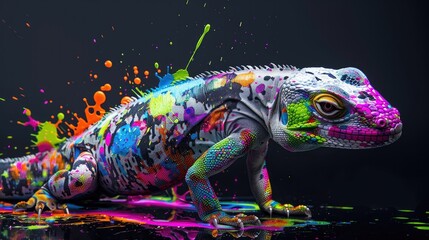 Terrestrial prey, lizard herbivorous animals. They are very cute and lovable. Painted with paint splash technique. Isolated black background. Also for T-shirt printing pattern. Generative AI
