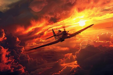 A fighter plane soaring through a fiery sunset
