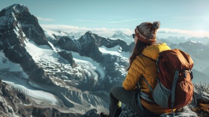 Fototapeta premium With calloused hands and a determined gaze, she scales the mountain peak, the wind carrying her laughter as she conquers the challenge 