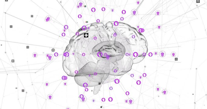 Animation of data processing and icons over digital brain spinning