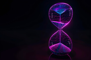 Purple blue neon hourglass with glowing sand isotated on black background. - obrazy, fototapety, plakaty