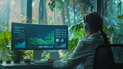 A scientist analyzes data on a computer screen, a graph showing the correlation between deforestation and rising CO₂ levels. Their determined expression conveys the urgency of protecting our forests