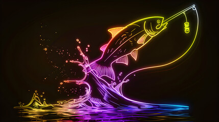 Vibrant neon outline of a fishing rod with jumping fish isolated on black background.