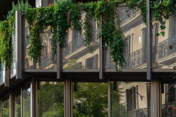 Glass facade with natural plant details. Green architecture concept. 