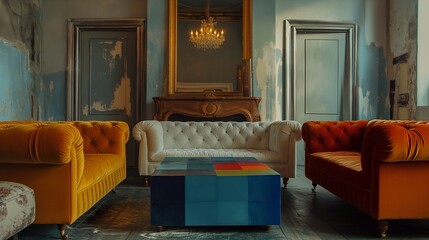 Witness the transformation of a room into a sanctuary of modern opulence, featuring two lavish sofas and a colorful coffee table, all expertly captured in HD to highlight the beauty of minimalistic lu - obrazy, fototapety, plakaty