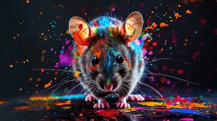 Terrestrial prey, mouse herbivorous animals. They are very cute and lovable. Painted with paint splash technique. Isolated black background. Also for T-shirt printing pattern. Generative AI