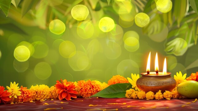 happy ugadi Greeting card with Kalash and mango leaf Jaggery mango bannana lamp for Indian New Year festival Ugadi Gudi Padwa, Yugadi and mango leaf and marigold flower garland thoranam