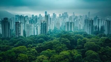 Obraz premium protect the forests, breathe cleaner air,A bustling cityscape stands in stark contrast to a lush green forest on the horizon