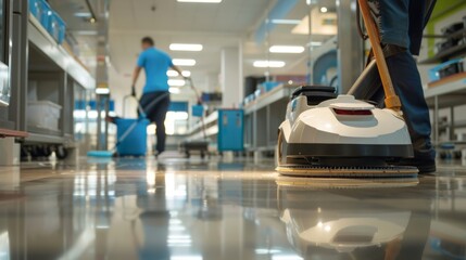 
robot polishing hard floor with high speed polishing machine while other cleaner cleans canteen in the background