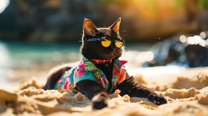In a vibrant beach setting, a sleek black cat lounges gracefully on golden sands, adorned with...